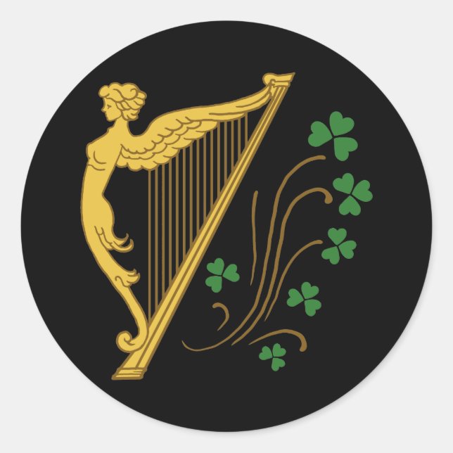 Sticker Rond Harpe d'or St Patrick's Day et Shamrock (Devant)