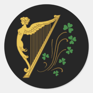Sticker Rond Harpe d'or St Patrick's Day et Shamrock