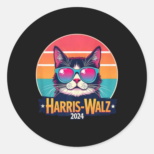 Sticker Rond Harris Walz 2024 Chat Lunettes de soleil Retro Vin (Devant)
