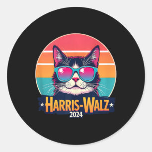 Sticker Rond Harris Walz 2024 Chat Lunettes de soleil Retro Vin