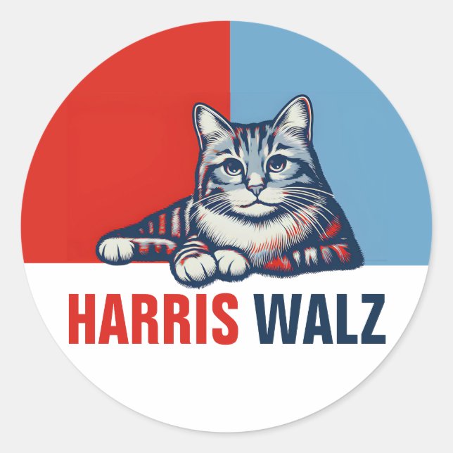 Sticker Rond Harris Walz 2024 Manifestement Red Blue Cat (Devant)
