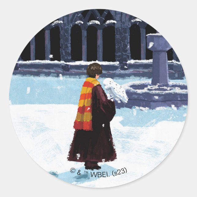 Sticker Rond HARRY POTTER™ et Hedwig dans la cour de HOGWARTS™ (Devant)