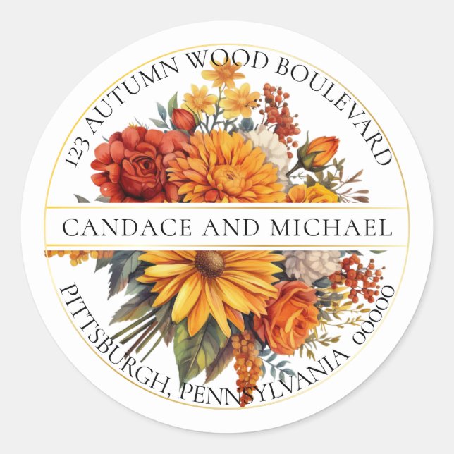Sticker Rond Harvest Gold Orange Floral Bouquet Adresse de reto (Devant)