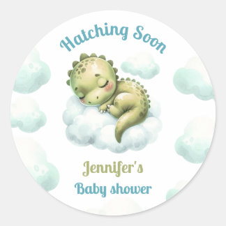 Sticker Rond Hatching Bientôt Cute Dinosaur Baby shower de garç