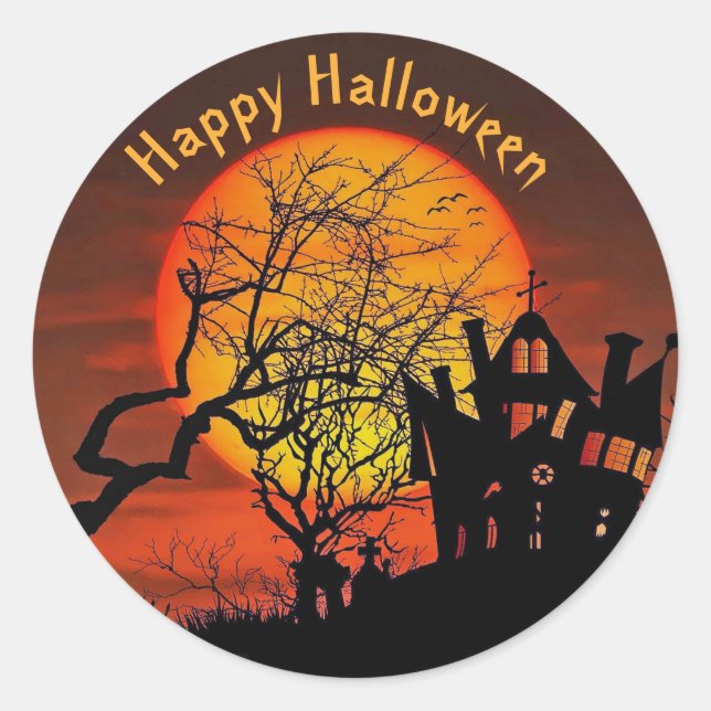 Sticker Rond Hauné Pleine lune de maison graphique Halloween (Devant)