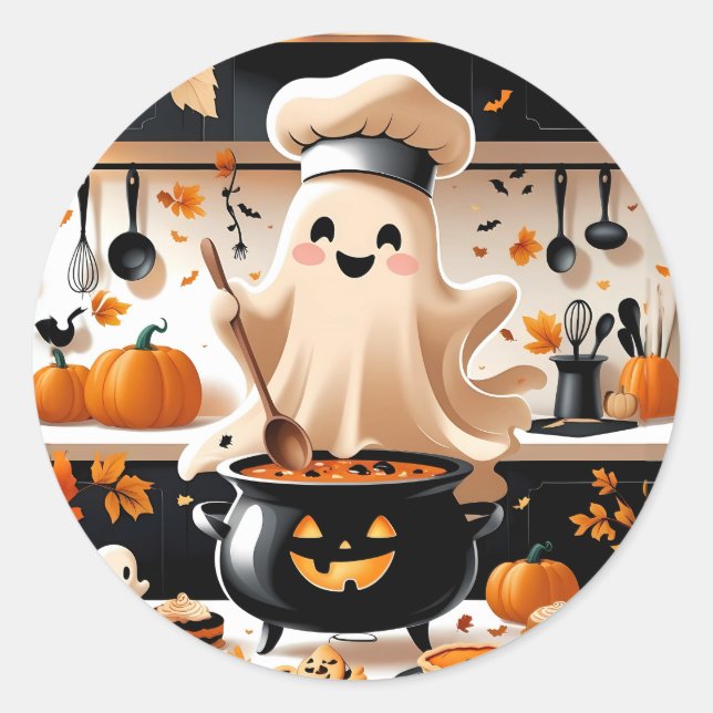 Sticker Rond Haunted & Hungry - Kawaii Ghost Chef dans la Kitch (Devant)