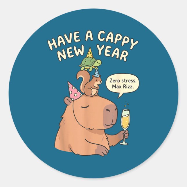 Sticker Rond Have A Cappy New Year 2026 Capybara Max Rizz Funny (Devant)