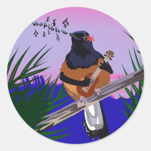 Sticker Rond Hawaiian Shama Bird jouant à l'ukulele