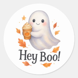 Sticker Rond Hé Boo ! – Citrouille Fantôme Généré par IA Latte