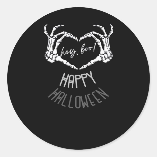 Sticker Rond Hé, Boo ! Happy Halloween Skeleton Hand Heart Clas (Devant)