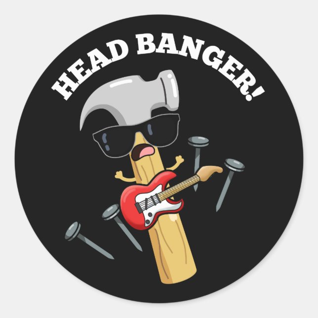 Sticker Rond Head Banger Funny Music Puns Dark BG (Devant)