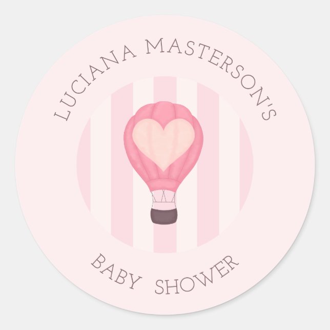 Sticker Rond Heart Hot Air Balloon Pastel Baby shower rose (Devant)