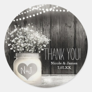 Sticker Rond Heart Mason Jar & Baby's Breath Rustic Mariage