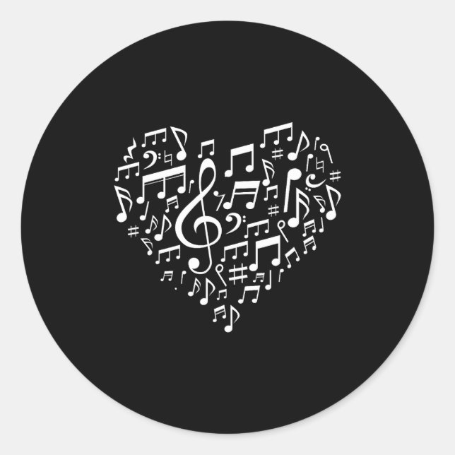 Sticker Rond Heart Shape Musical Notes Music Lovers Gift Valent (Devant)