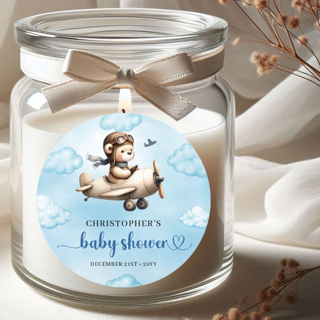 Sticker Rond Heartwarming Boy Shower Bear Pilot Cute Label (Heartwarming Boy Shower Bear Pilot Cute Label)