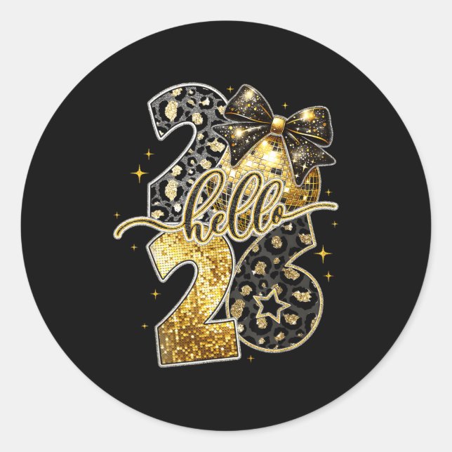 Sticker Rond Hello 2026 Coquette Bow Leopard New Years Eve Part (Devant)
