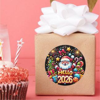 Sticker Rond Hello 2026 Santa Claus Christmas New Year