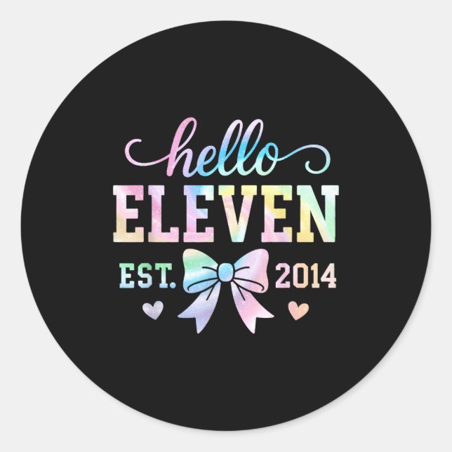 Sticker Rond Hello Eleven Est 2014 Coquette Bow 11th Birthday G (Devant)