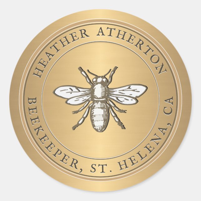 Sticker Rond Héraldique Miel Abeille Métallique Enveloppe Or Sc (Devant)