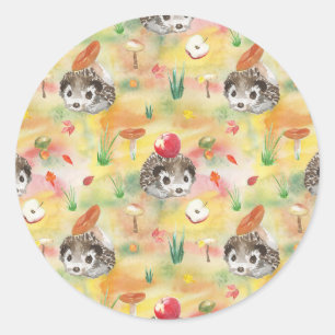 Sticker Rond Hérisson d'aquarelle avec les champignons et la