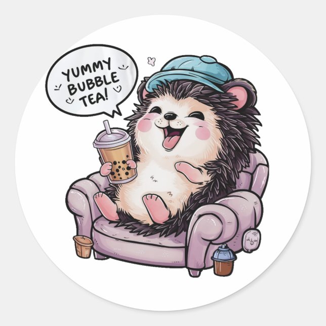 Sticker Rond Hérisson de dessin adorable : Cosy, Kawaii Vibes (Devant)