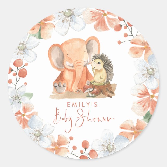Sticker Rond Hérisson Eléphant Florals Nom Fille Baby shower (Devant)