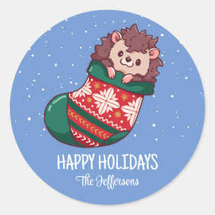 Sticker Rond Hérisson Noël animal neige vacances d'hiver