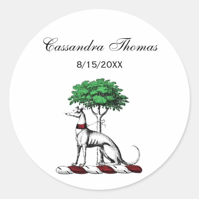 Sticker Rond Héritier de Greyhound Whippet avec arbre héraldiqu (Devant)