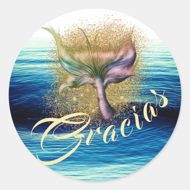 Sticker Rond Hermosa y mágica sirena cola salpicadura en azul y (Devant)