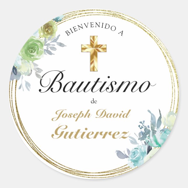 STICKER ROND HERMOSO BAUTIZO BEBÉ CRUZADO DE ORO FLORAL AZUL (Devant)