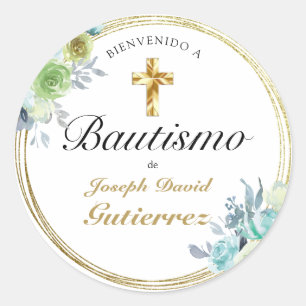 STICKER ROND HERMOSO BAUTIZO BEBÉ CRUZADO DE ORO FLORAL AZUL