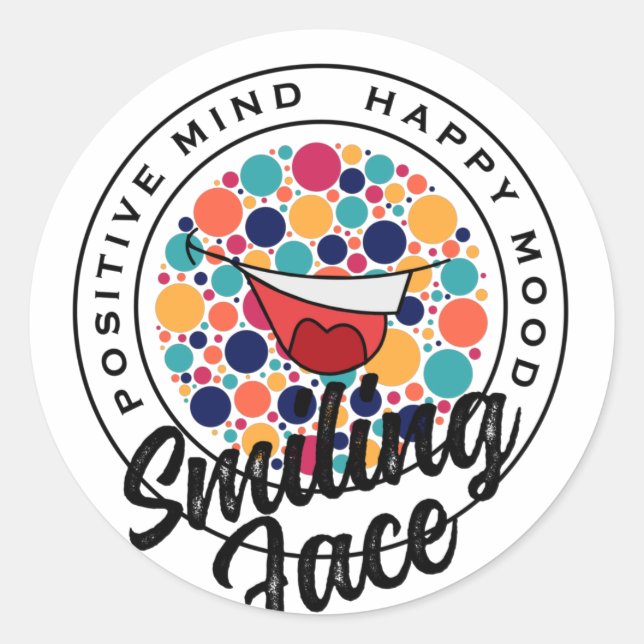 STICKER ROND HEUREUSE HUMEUR SOURIANTE. (Devant)