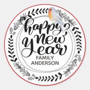 Sticker Rond HEUREUSE NOUVELLE ANNÉE PERSONNALISÉE Hiver / Robi