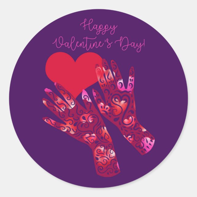 Sticker Rond Heureuse Sainte-Valentin des mains et du coeur (Devant)