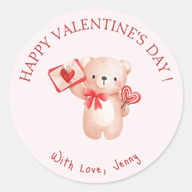 Sticker Rond Heureuse Sainte-Valentin du coeur de l'ours mou (Devant)