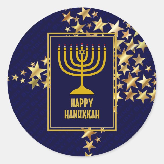Sticker Rond HEUREUX HANOUKKA | Menorah | Gold Stars | NAVY BLU (Devant)