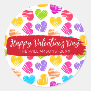 Sticker Rond Heureux Valentines Fille Vibrant Doodled Hearts No
