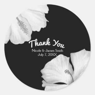 Sticker Rond Hibiscus Blanc Cadeau de Mariage Tropical Noir