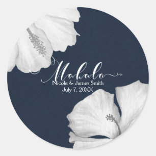 Sticker Rond Hibiscus Blanc Faveur de Mariage Tropical Bleu Mah