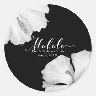 Sticker Rond Hibiscus blanc Mariage tropical noir Faveur Mahalo