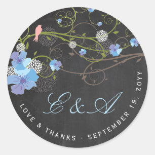 Sticker Rond Hibiscus bleu et hirondelles Mariage de tableau de