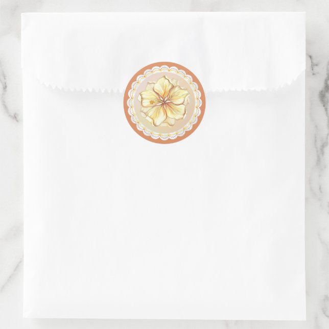 Sticker Rond Hibiscus & dentelle JAUNE (Sac)