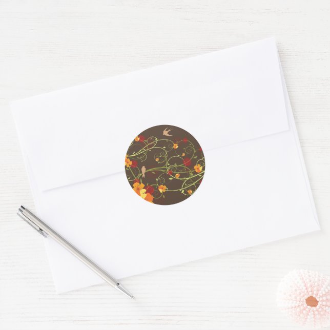Sticker Rond Hibiscus et hirondelles Jardin floral élégant (Enveloppe)