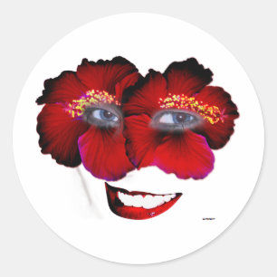 Sticker Rond Hibiscus face avec sourire - rouge et noir