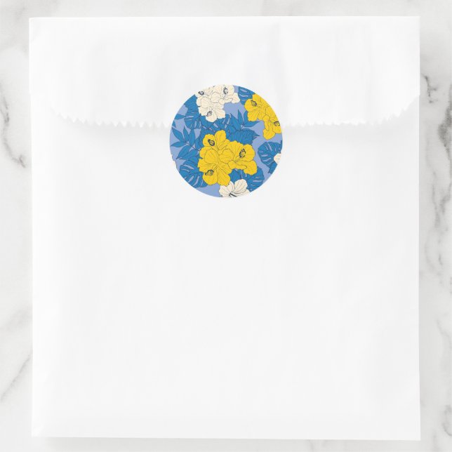 Sticker Rond Hibiscus fleurs et feuilles (Sac)