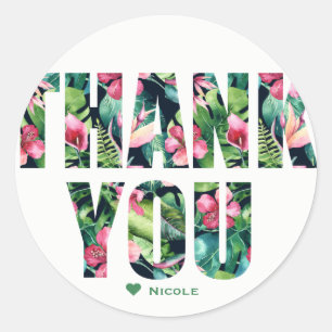 Sticker Rond Hibiscus floral tropical Feuille MERCI hawaïen