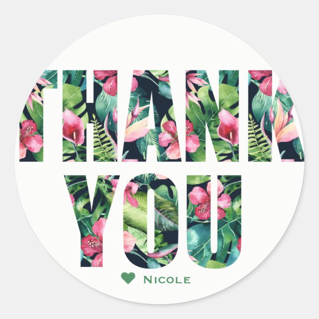 Sticker Rond Hibiscus floral tropical Feuille MERCI hawaïen (Devant)