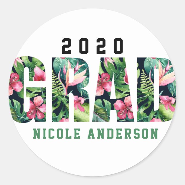 Sticker Rond Hibiscus floral tropical Hawaiian GRAD Graduation (Devant)