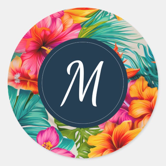 Sticker Rond Hibiscus floral tropical Monogramme (Devant)