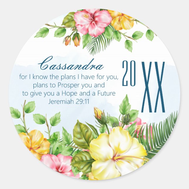 Sticker Rond Hibiscus Hawaiian Tropical Floral Graduation (Devant)